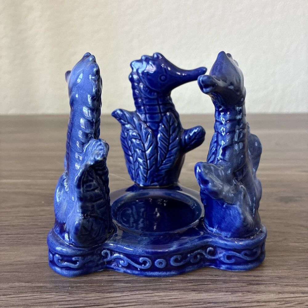 VTG Cobalt Blue Glazed Ceramic Tea/ Votive Candle Holder, 3 Seahorses, Coastal